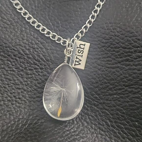 Make a wish dandelion drop shaped pendant necklace with charm - Picture 1 of 3